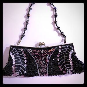 Sequin clutch handbag black beaded strap